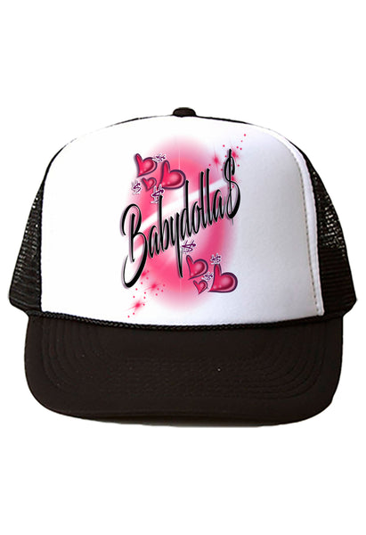 A022 Digitally Airbrush Painted Personalized Custom Hearts Name Design    Snapback Trucker Hats