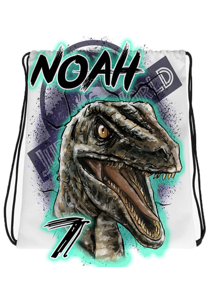 C078 Digitally Airbrush Painted Personalized Custom Jurassic era Blue Raptor party Theme gift name design Birthday Kids Drawstring Backpack.