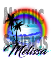 E012 custom personalized airbrush Rainbow Beach Water Scene Tee Shirt