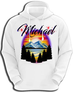 E013 custom personalized airbrush Mountain Water Scene Hoodie Sweatshirt tree