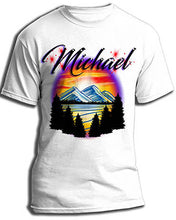 E013 custom personalized airbrush Mountain Water Scene Tee Shirt tree