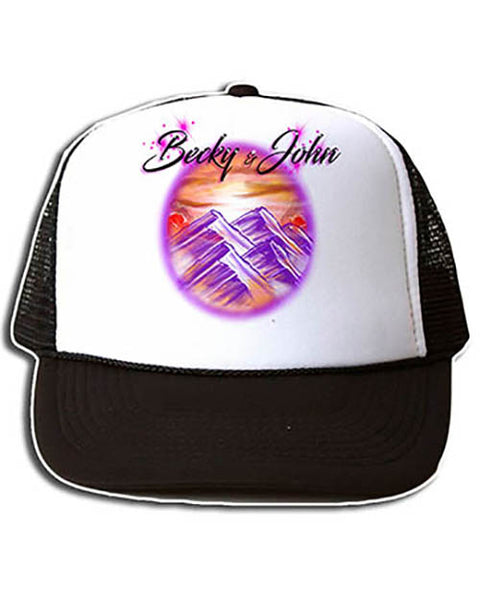 E014 Personalized Airbrush Sunset Mountain Landscape Snapback Trucker Hat