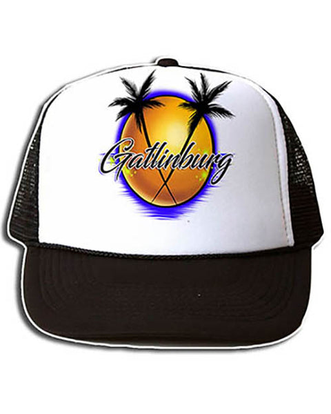 E015 Personalized Airbrush Palm Tree Landscape Snapback Trucker Hat