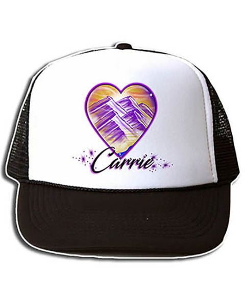 E016 Personalized Airbrush Heart Mountain Landscape Snapback Trucker Hat