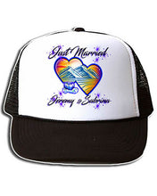 E017 Personalized Airbrush Hearts Mountain Landscape Snapback Trucker Hat