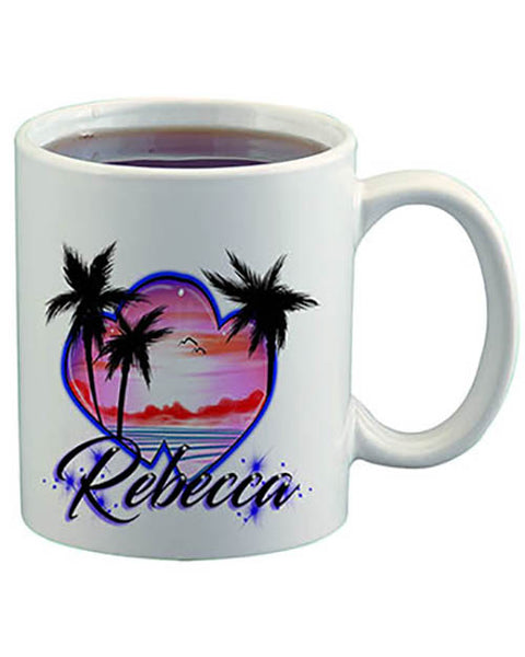 E018 Personalized Airbrush Heart Beach Landscape Ceramic Coffee Mug