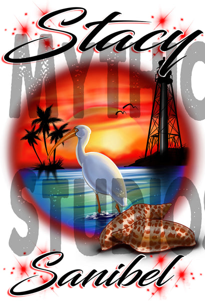 E034 Personalized Airbrush  LightHouse Beach Ceramic Coaster