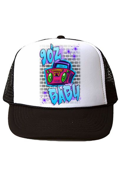 F045 Digitally Airbrush Painted Personalized Custom 90's Boombox    Snapback Trucker Hats