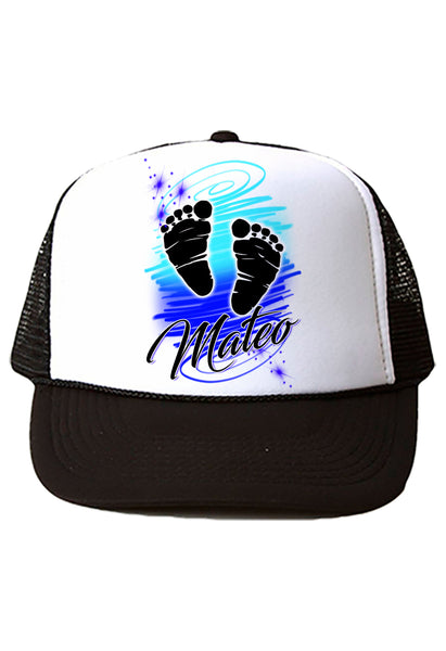 F046 Digitally Airbrush Painted Personalized Custom baby feet    Snapback Trucker Hats