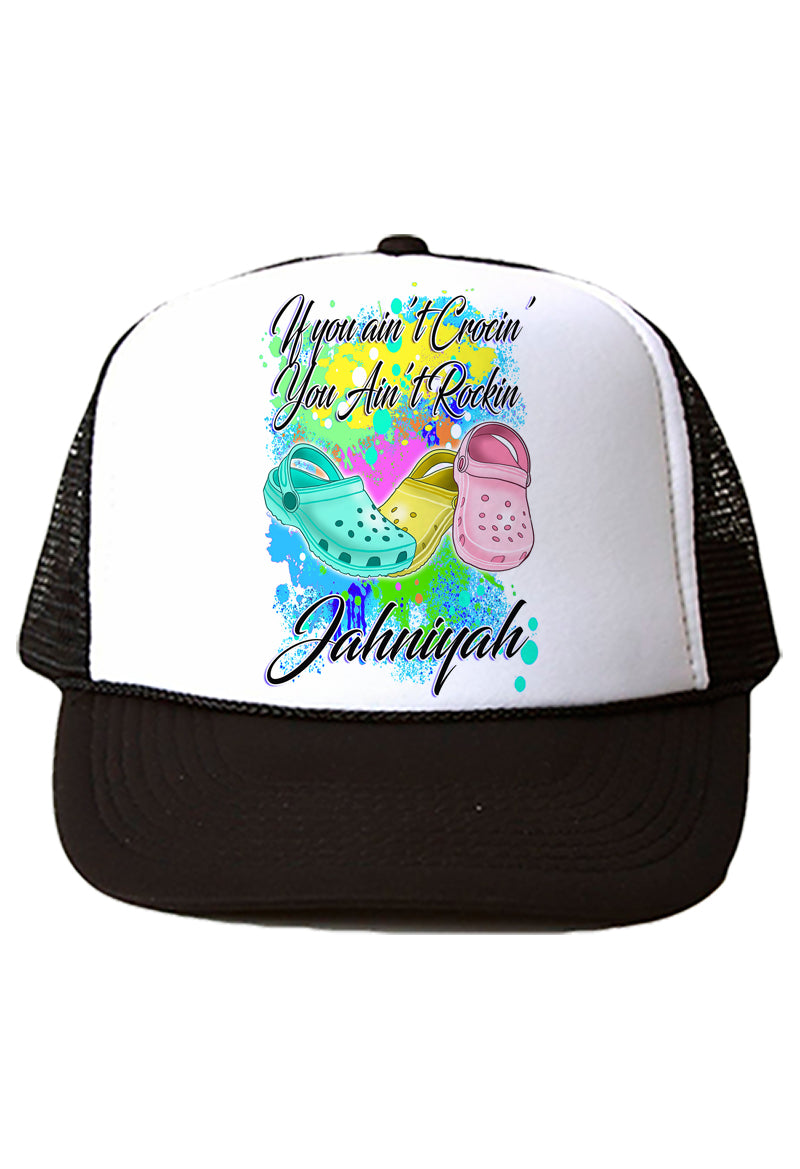 F054 Digitally Airbrush Painted Personalized Custom Croc Flip Flop    Snapback Trucker Hats