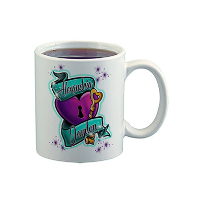 F058 Digitally Airbrush Painted Personalized Custom Keyed Heart Ribbon    Ceramic Coffee Mug