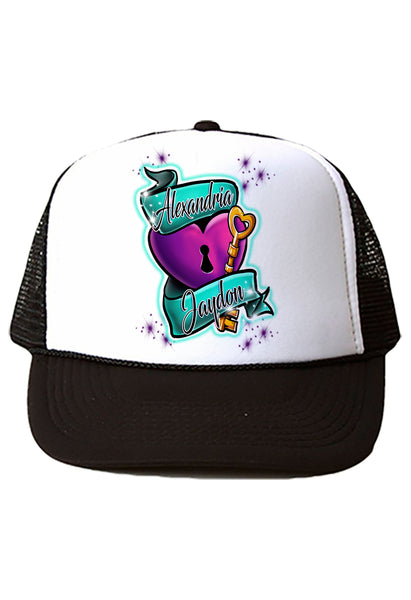 F058 Digitally Airbrush Painted Personalized Custom Keyed Heart Ribbon    Snapback Trucker Hats