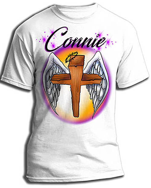 H010 Personalized Airbrushed Angel Wings Christian Cross Tee Shirt