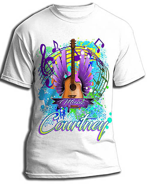 H047 Personalized Airbrushed Guitar Music Notes Tee Shirt