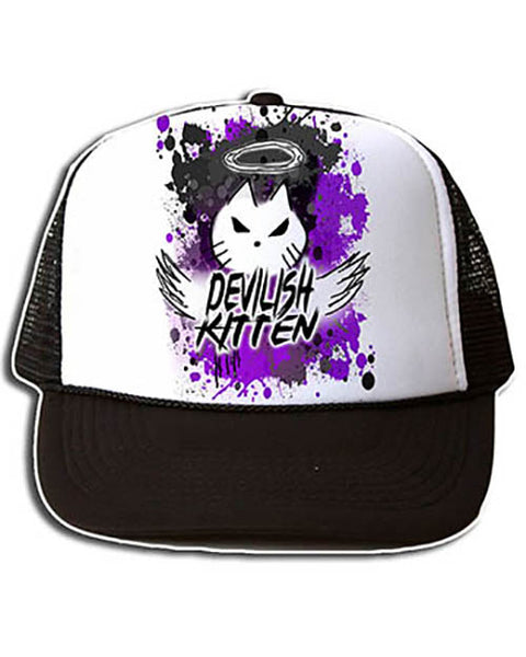 H050 Personalized Airbrushed Devil Kitten Logo Snapback Trucker Hat