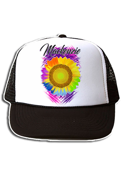 H057 Digitally Airbrush Painted Personalized Custom Sunflower    Snapback Trucker Hats