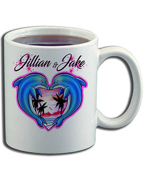 I018 Personalized Airbrush Dolphin Heart Ceramic Coffee Mug