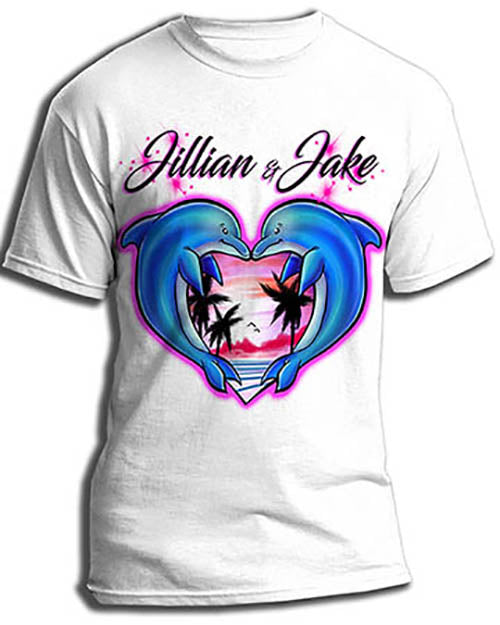 I018 Personalized Airbrush Dolphin Heart Tee Shirt