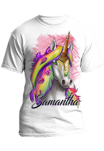 I032 Digitally Airbrush Painted Personalized Custom Unicorn Rainbow  Adult and Kids T-Shirt