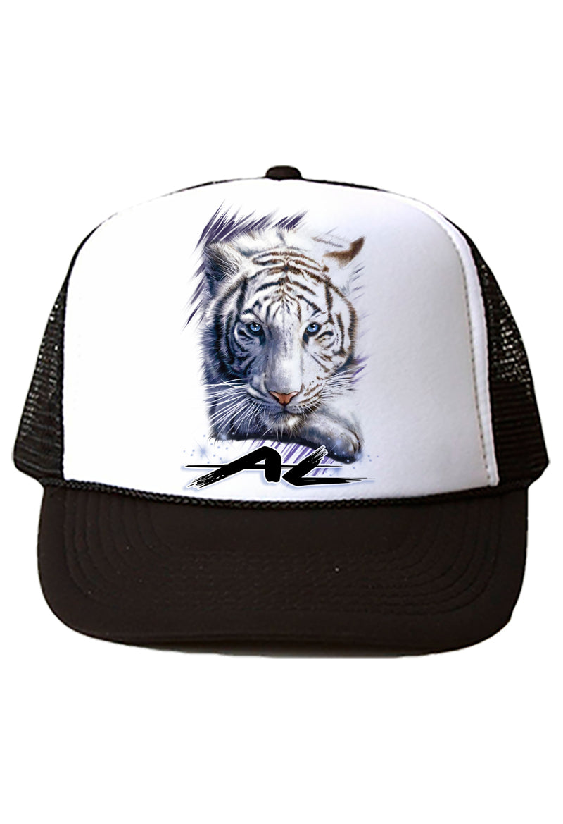 I039 Digitally Airbrush Painted Personalized Custom White Tiger Animals    Snapback Trucker Hats