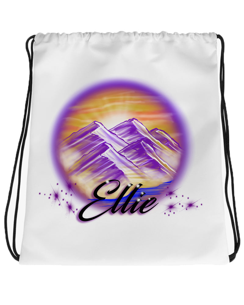 E010 Digitally Airbrush Painted Personalized Custom Mountain Water Scene Drawstring Backpack sunset Colorful Landscape party Couples Theme gift bday