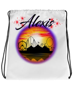 E030 Digitally Airbrush Painted Personalized Custom Carnival fair ferris wheel sunset Scene Drawstring Backpack lake Landscape party Couples Theme gift wedding