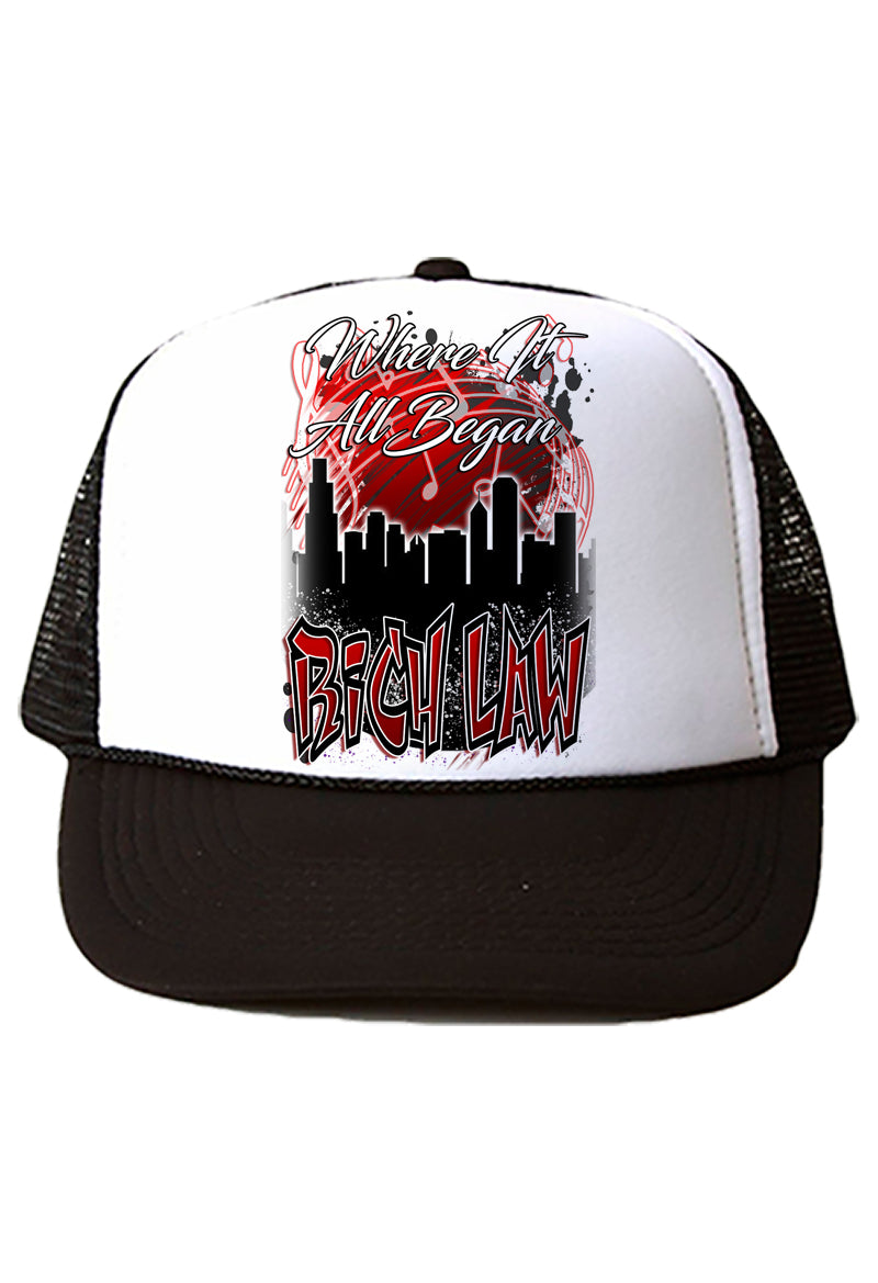 E036 Digitally Airbrush Painted Personalized Custom Urban City Building Landscape    Snapback Trucker Hats