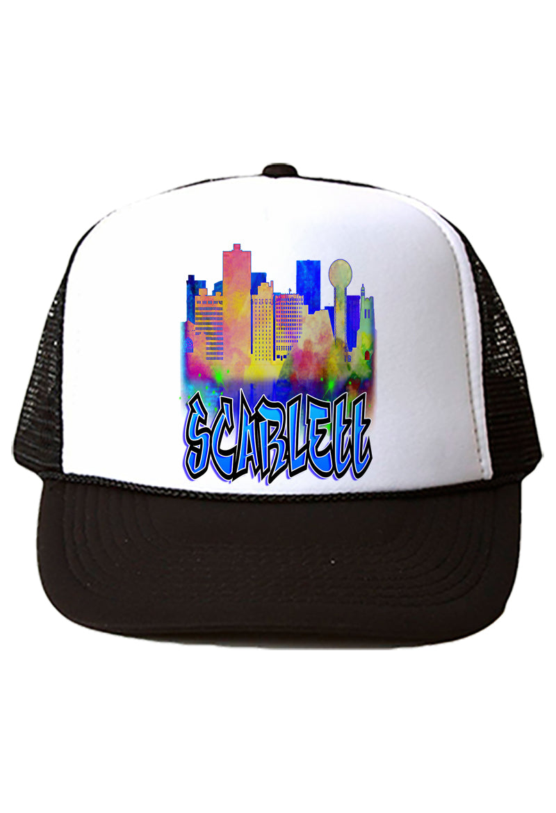 E038 Digitally Airbrush Painted Personalized Custom Urban City Building Landscape    Snapback Trucker Hats